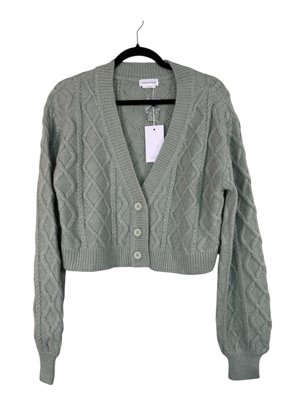Lovers and Friends Green Opal Cardigan Sweater Womens L Cable Knit Cropped Fall